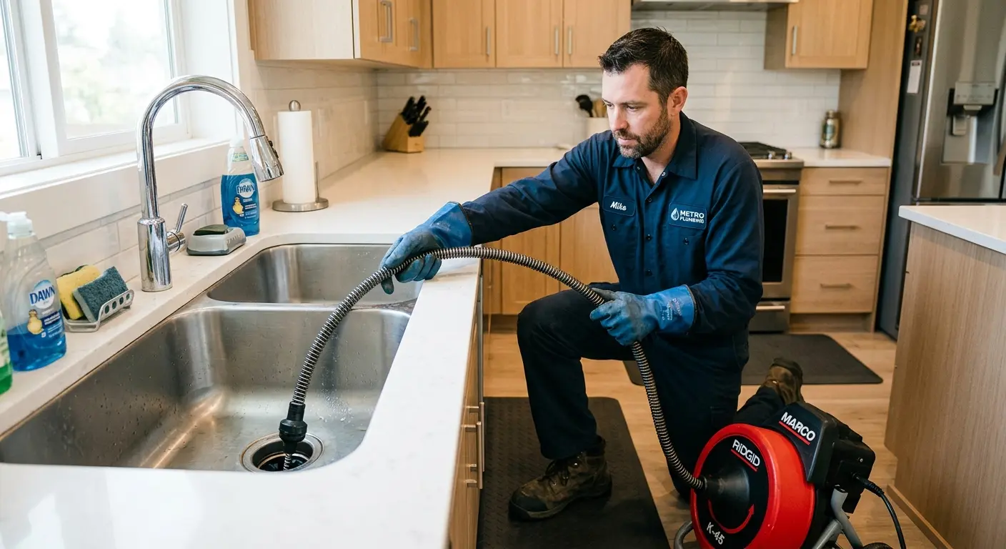 Drain cleaning technician using a motorized snake on a kitchen sink in Oconomowoc