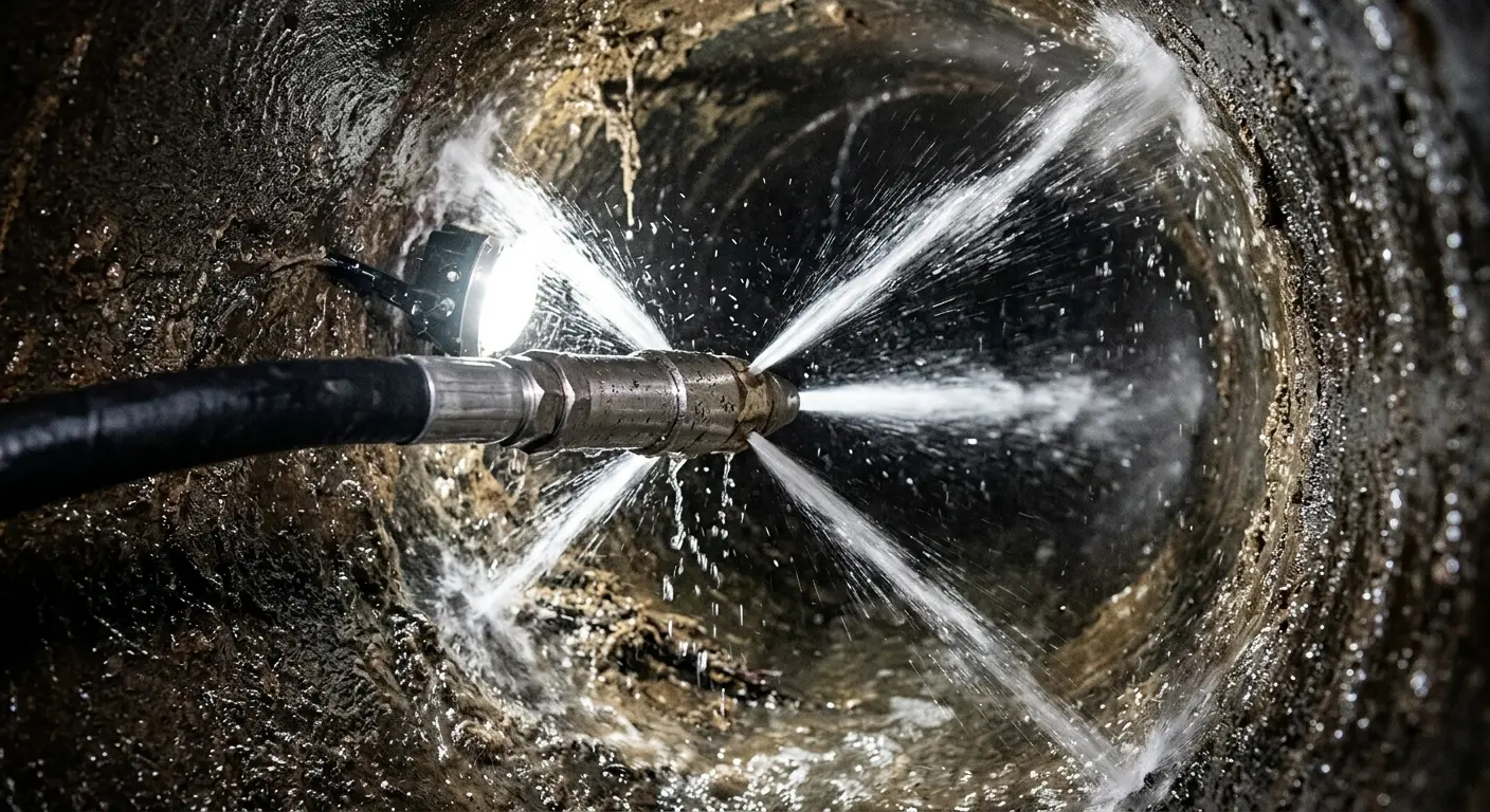 High-pressure hydro jetting nozzle cleaning sewer pipe for Storm Drain Cleaning in Oconomowoc