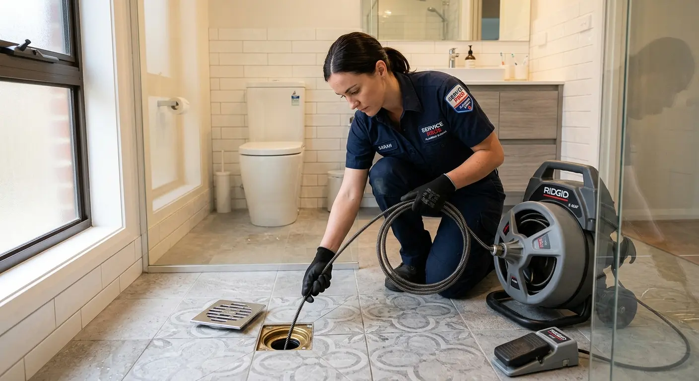 Technician clearing a bathroom floor drain for Drain Repair in Oconomowoc